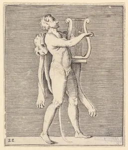 Hercules playing a lyre, a lionskin draped over his shoulder, from "Ex Antiquis Cameorum et Gemmae Delineata/ Liber Secundus/et ab Enea Vico Parmen Incis"