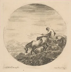 Herdsman on Horseback Drives Animals by Stefano della Bella