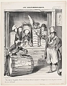 Here you see the great celebrities of literary, musical, and artistic France; they are thirty-six feet tall measured below sea level (Vous voyez ici les grandez célébrités), from Les Saltimbanques, published in La Caricature, April 28, 1839 by Honoré Daumier|Aubert et Cie