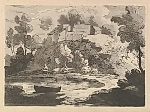 Hilly River Landscape, a Boat in the Water at Foreground Left, a Figure on the Far Shore, Houses on a Wooded Hill Beyond by Thomas Rowlandson|Thomas Gainsborough