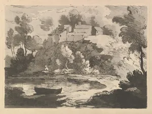 Hilly River Landscape, a Boat in the Water at Foreground Left, a Figure on the Far Shore, Houses on a Wooded Hill Beyond