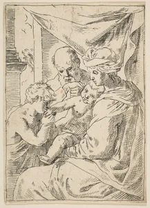 Holy Family with Saint John the Baptist kissing the infant Christ's hand, copy in reverse after Cantarini