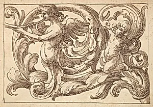 Horizontal Panel Design with a Male Figure, a Putto and a Snake Interspersed between Acanthus Rinceaux by Polifilo Giancarli|Anonymous, Italian, Venetian, 17th century