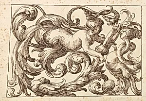 Horizontal Panel Design with a Man, a Snake and a Female Fantastical Creatures Interspersed between Acanthus Rinceaux by Polifilo Giancarli|Anonymous, Italian, Venetian, 17th century