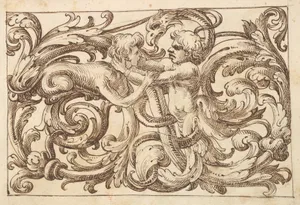 Horizontal Panel Design with a Man fighting a Sphinx and a Fantastical Creature Interspersed between Acanthus Rinceaux
