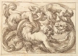 Horizontal Panel Design with a Three Figures and a Fantastical Creature Interspersed between Acanthus Rinceaux