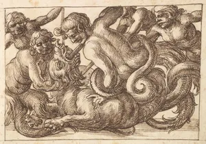 Horizontal Panel Design with Five Male Figures Fighting a Dragon