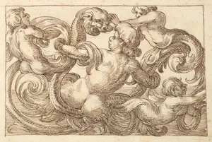 Horizontal Panel Design with Four Hybrid Male Figures and a Fantastical Creature Interspersed between Acanthus Rinceaux