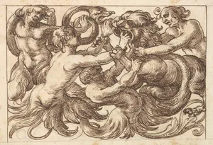 Horizontal Panel Design with Four Male Figures Fighting a Lion