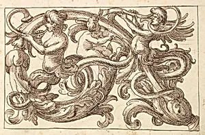 Horizontal Panel Design with Two Male Figures and a Putto Interspersed between Acanthus Rinceaux by Polifilo Giancarli|Anonymous, Italian, Venetian, 17th century
