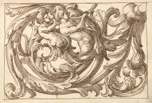 Horizontal Panel Design with Two Male Figures Playing Horns Interspersed between Acanthus Rinceaux