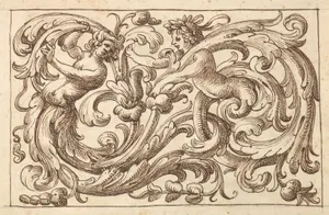 Horizontal Panel Design with Two Young Male Figures Interspersed between Acanthus Rinceaux