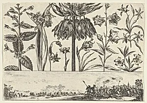 Horizontal Panel with a Row of Flowers Above a Frieze with a Battle Scene in a Landscape, from Livre Nouveau de Fleurs Tres-Util by Nicolas Cochin|Balthazar Moncornet