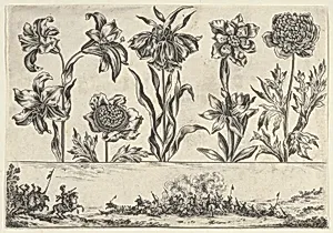 Horizontal Panel with a Row of Flowers Above a Frieze with a Battle Scene in a Landscape, from Livre Nouveau de Fleurs Tres-Util by Nicolas Cochin|Balthazar Moncornet