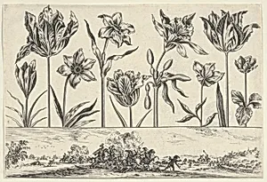 Horizontal Panel with a Row of Flowers Above a Frieze with a Battle Scene in a Landscape, from "Livre Nouveau de Fleurs Tres-Util" by Nicolas Cochin|Balthazar Moncornet
