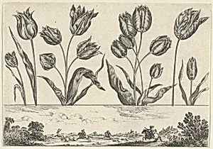 Horizontal Panel with a Row of Flowers Above a Frieze with a Hunting Scene in a Landscape, from Livre Nouveau de Fleurs Tres-Util by Nicolas Cochin|Balthazar Moncornet