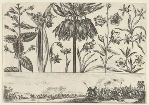 Horizontal Panel with a Row of Flowers Above a Frieze with a Battle Scene in a Landscape, from Livre Nouveau de Fleurs Tres-Util