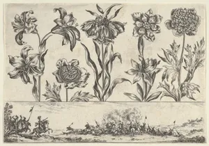 Horizontal Panel with a Row of Flowers Above a Frieze with a Battle Scene in a Landscape, from Livre Nouveau de Fleurs Tres-Util
