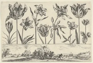 Horizontal Panel with a Row of Flowers Above a Frieze with a Battle Scene in a Landscape, from "Livre Nouveau de Fleurs Tres-Util"