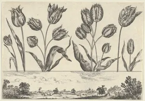 Horizontal Panel with a Row of Flowers Above a Frieze with a Hunting Scene in a Landscape, from Livre Nouveau de Fleurs Tres-Util