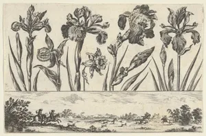 Horizontal Panel with a Row of Flowers Above a Frieze with a Hunting Scene in a Landscape, from Livre Nouveau de Fleurs Tres-Util