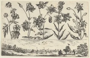 Horizontal Panel with a Row of Flowers Above a Frieze with a Hunting Scene in a Landscape, from Livre Nouveau de Fleurs Tres-Util