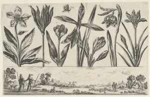 Horizontal Panel with a Row of Flowers Above a Frieze with Figures in a Landscape, from Livre Nouveau de Fleurs Tres-Util