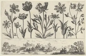 Horizontal Panel with a Row of Flowers Above a Frieze with Figures in a Landscape, from Livre Nouveau de Fleurs Tres-Util