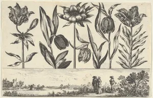 Horizontal Panel with a Row of Flowers Above a Frieze with Figures in a Landscape, from Livre Nouveau de Fleurs Tres-Util
