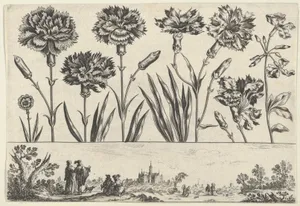 Horizontal Panel with a Row of Flowers Above a Frieze with Figures in a Landscape, from "Livre Nouveau de Fleurs Tres-Util"