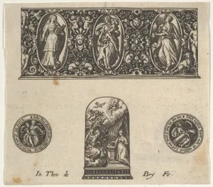 Horizontal Panel with Design for a Thimble with the Annuciation Below a Frieze with Three Figures in Ovals
