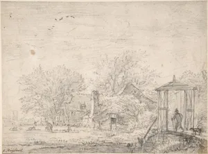 House among Trees, at Right Man and Dog on a Footbridge