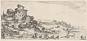 Hunters on horses and on foot, with hounds pursuing a stag, and two buildings in a hilly landscape, from the series 'Italian landscapes' (Diverse vedute designate in Fiorenza / Paysages italiens) by Jacques Callot|Israël Henriet
