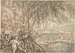Huntsmen and Company Observing Dogs Retrieving Ducks in a Pond (The Month of April) by Pieter Stevens