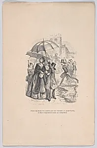 "I was in too much need of an omnibus, but as soon as it starts raining, they all seem to disappear as if by magic." from the Little Miseries of Human Life by Auguste Barbant|J. J. Grandville|Paul-Emile-Daurand Forgues|Henri Fournier