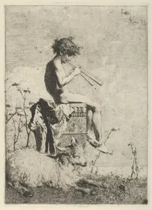 Idyll: a naked youth seated outdoors on a plinth playing a double flute, a goat on the ground before him