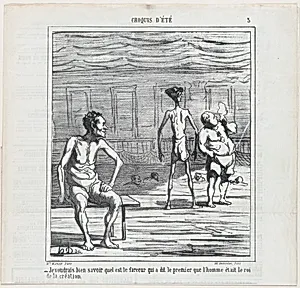I'm just wondering who might have been the joker who insisted that man was at the pinnacle of creation, from 'Summer sketches,' published in Le Charivari, July 24, 1865 by Destouches|Aaron Martinet|Honoré Daumier
