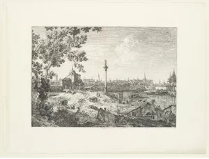 Imaginary View of Padua, with a campanile and domed church at left, a column surmounted by a statue of a saint at center, and a cottage and water-mill at right in the foreground, from 'Views' (Vedute altre prese da i luoghi altre ideate da Antonio Canal)