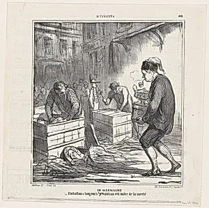 In Germany: Let's pack up everything, caution is the mother of wit, from 'News of the day,' published in Le Charivari, May 28, 1866 by Destouches|Honoré Daumier|Arnaud de Vresse