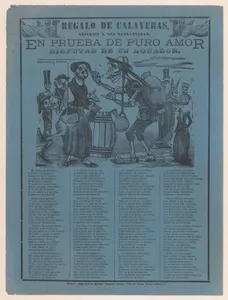 In proof of true love, a watercarrier skeleton arguing with a woman (Posada); two skeleton angels in upper corners (Manilla)