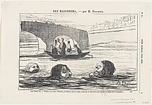 In the middle of the river: Come on, Balochet, give it a push!... You mustn't forget that some forty Parisians are watching us from the bridge up there!, from 'The bathers,' published in Le Petit Journal pour Rire, July 30, 1864 by Honoré Daumier