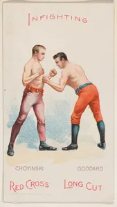 Infighting, Joe Goddard and Joe Chovinski, from the Boxing Positions and Boxers series (N266) issued by P. Lorillard Company to promote Red Cross Long Cut Tobacco