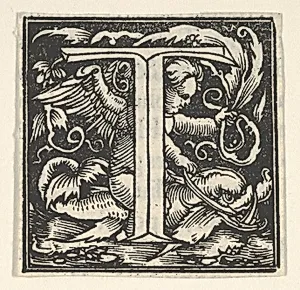 Initial letter T with putto