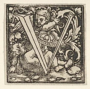 Initial letter V with putti