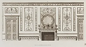 Interior design of wall with door, fireplace, panels and benches (in "Designs for Various Ornaments," pl. 52) by Giovanni Battista Cipriani|Francesco Bartolozzi|Michelangelo Pergolesi