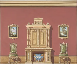 Interior Design with a Central Cabinet, Two Chairs and Two Landscape Paintings against a Red Wall