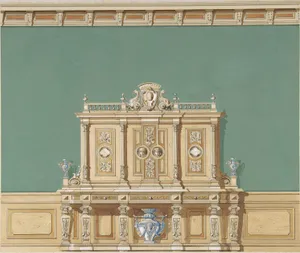 Interior Design with a Large Renaissance Style Cabinet against a Green Wall