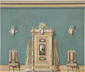 Interior Design witha Gun Cabinet and Two Chairs against a Green Wall Adorned with Trophies