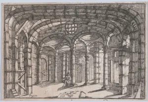 Interior of a prison in which sits a woman (possibly a theatre set)
