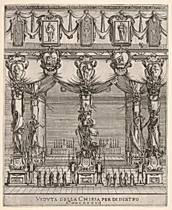 Interior of the church of San Lorenzo in Florence, five pillars, each with a large figure of death on a pedestal, ten hooded figures with staffs in foreground, two altars in the background, cartouches containing female figures above, from 'Ceremonies for the Funeral of Emperor Ferdinand II' (Funérailles de l'empereur Ferdinand II) by Stefano della Bella
